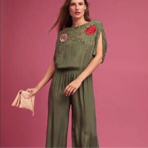Anthropologie Irelyn Embroidered Khaki Green Jumpsuit